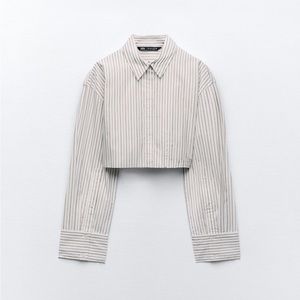 Zara White Tan Crop Shirt Top XS New